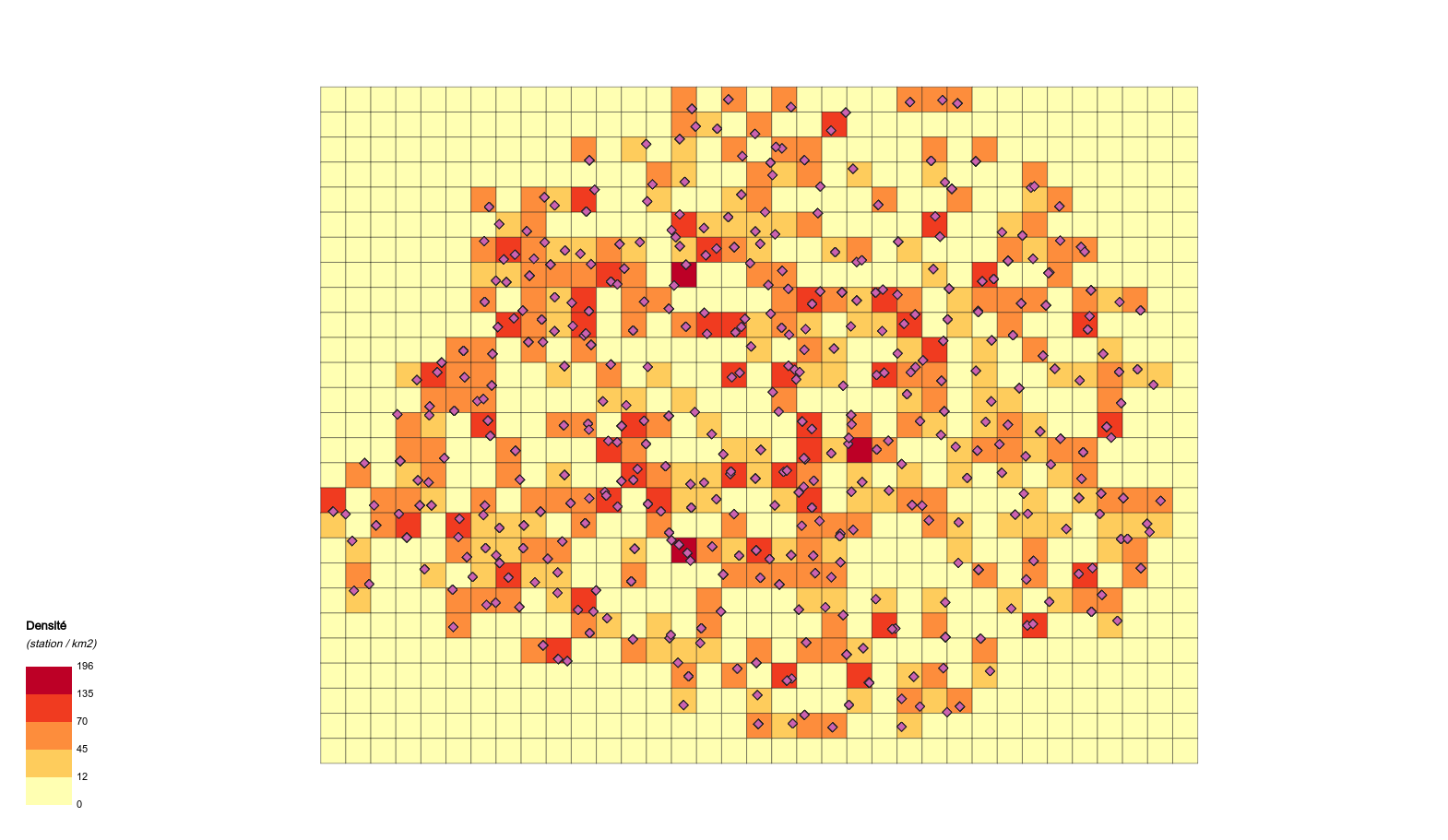 Agrégation des points sur une grille régulière (carte choroplèthe de la densité de points)