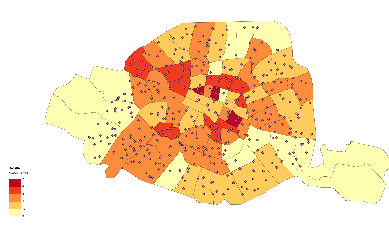 Agrégation des points dans une couche existante (carte choroplèthe de la densité de points par quartier de Paris)