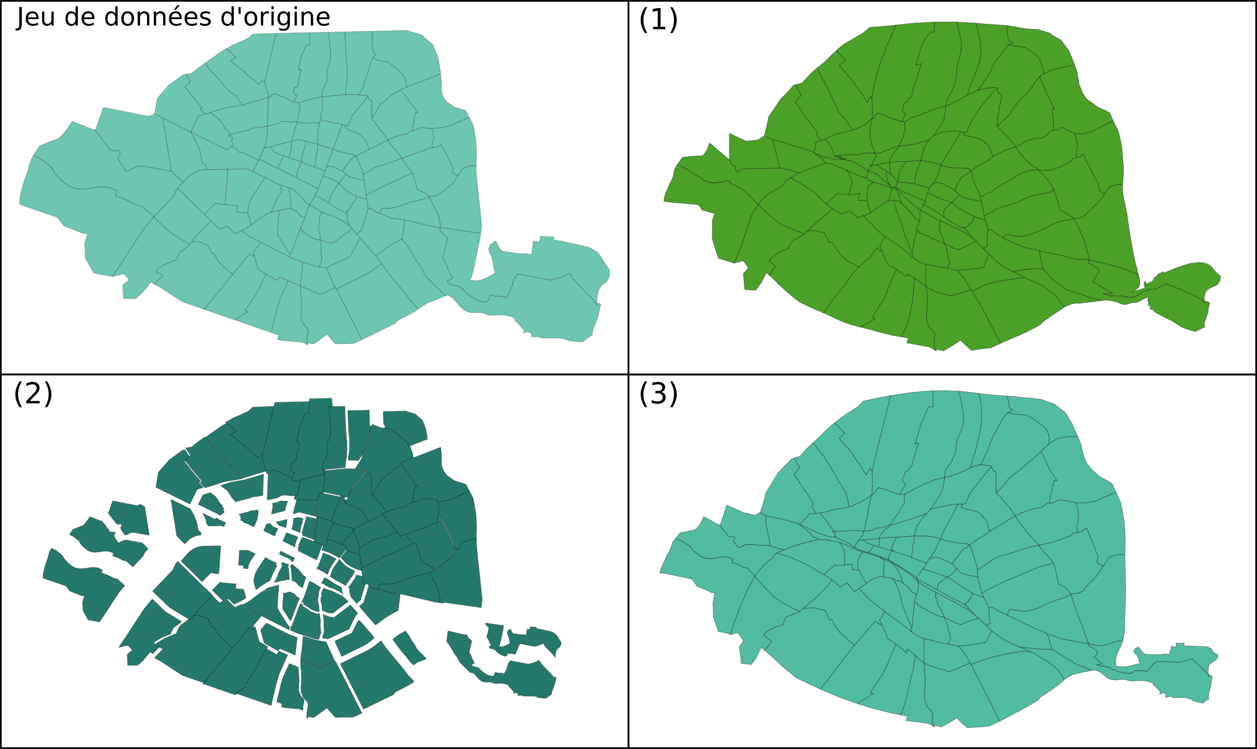 The 3 types of cartograms applied to Paris neighborhoods (variable: Population 2012)