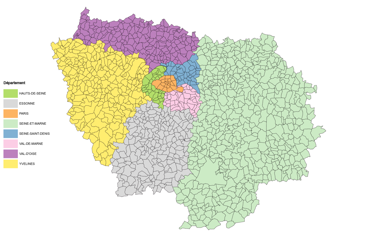 Categorical choropleth map of the communes of the Île-de-France region, colored according to their department of origin