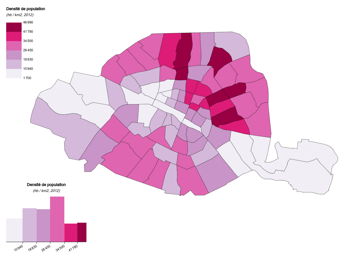 Choropleth map of population density by neighborhood in the city of Paris (with histogram)