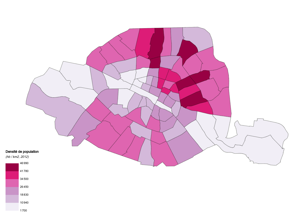 Choropleth map of population density by neighborhood in the city of Paris