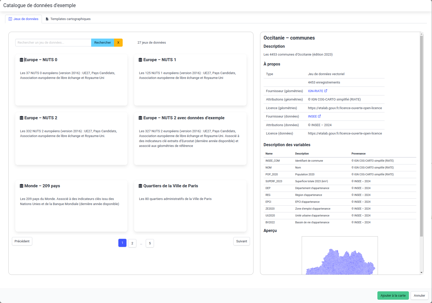 Dataset selection window