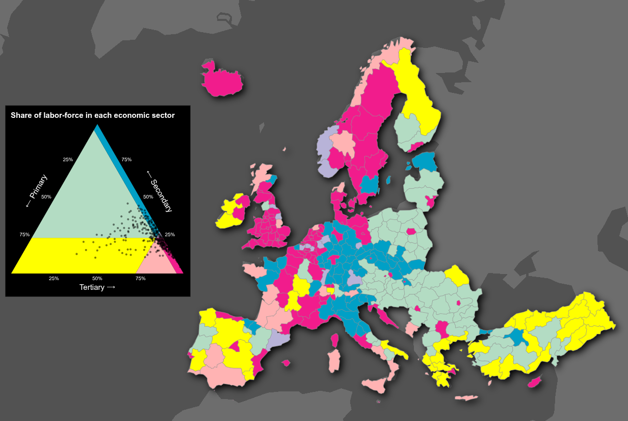 Example of a trivariate choropleth map (economic activity sectors - coloring by sextant - mean centering)