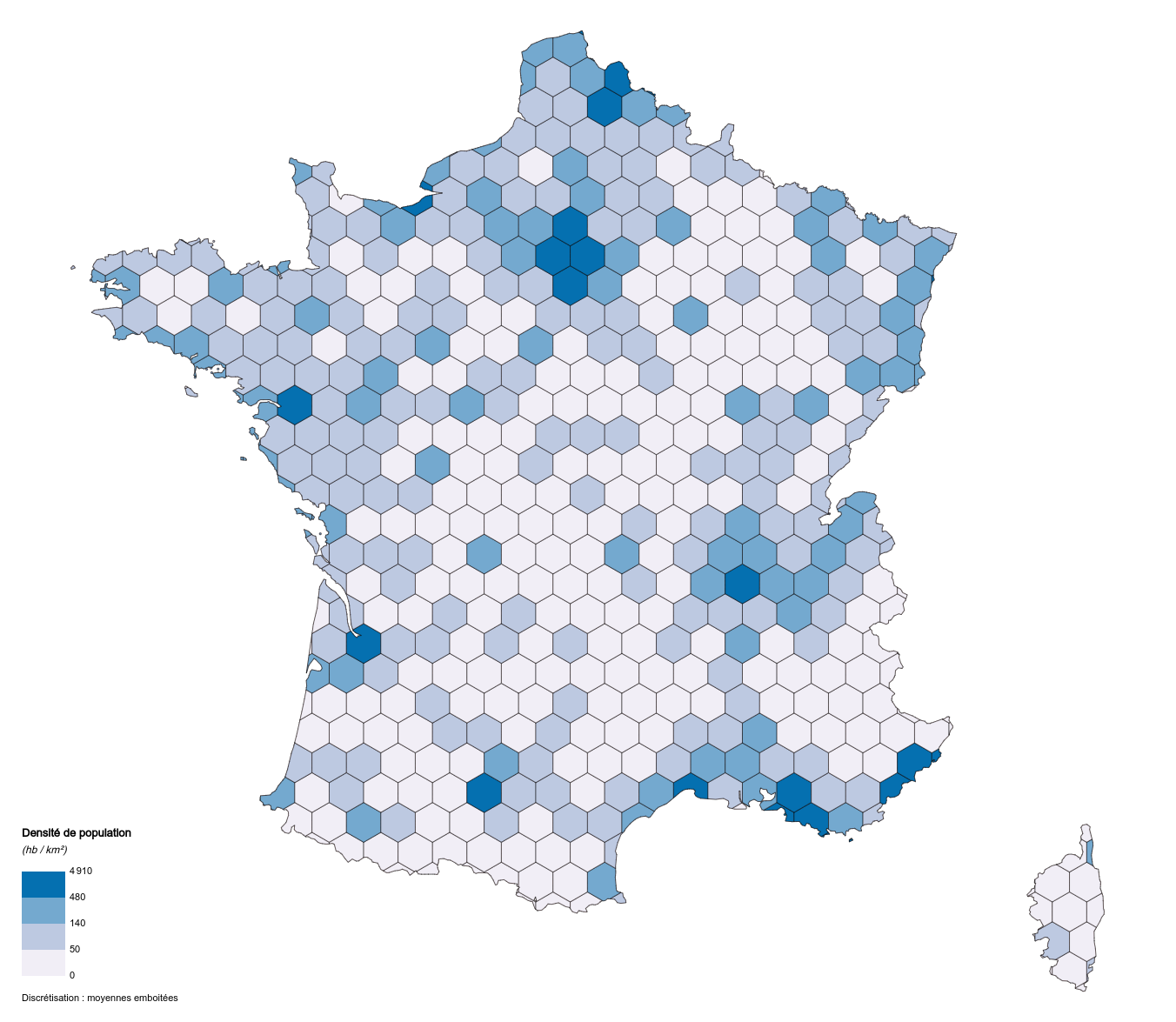 Gridding (hexagons - variable 'POPULATION' - French municipalities dataset)