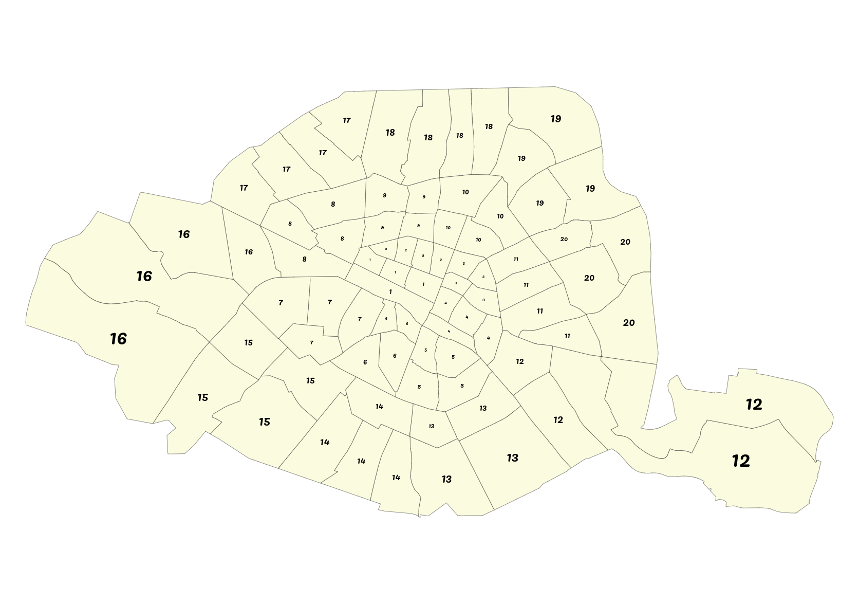 Étiquettes (proportionnelles à la variable 'surface') - ici l'arrondissement d'appartenance du quartier