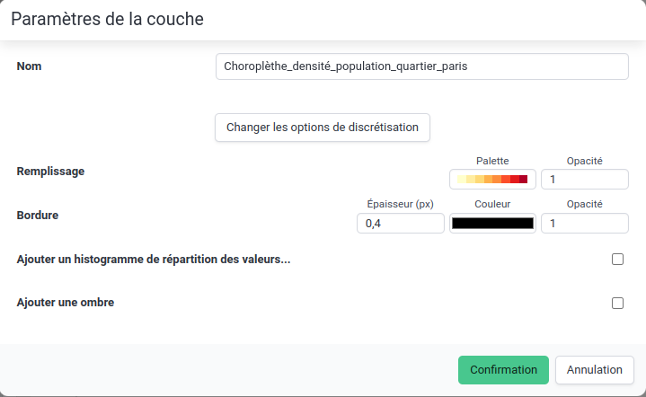 Paramètres de la couche (représentation choroplèthe)