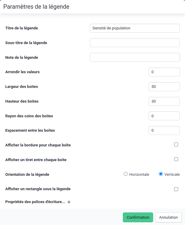 Paramètres de la légende (carte choroplèthe)