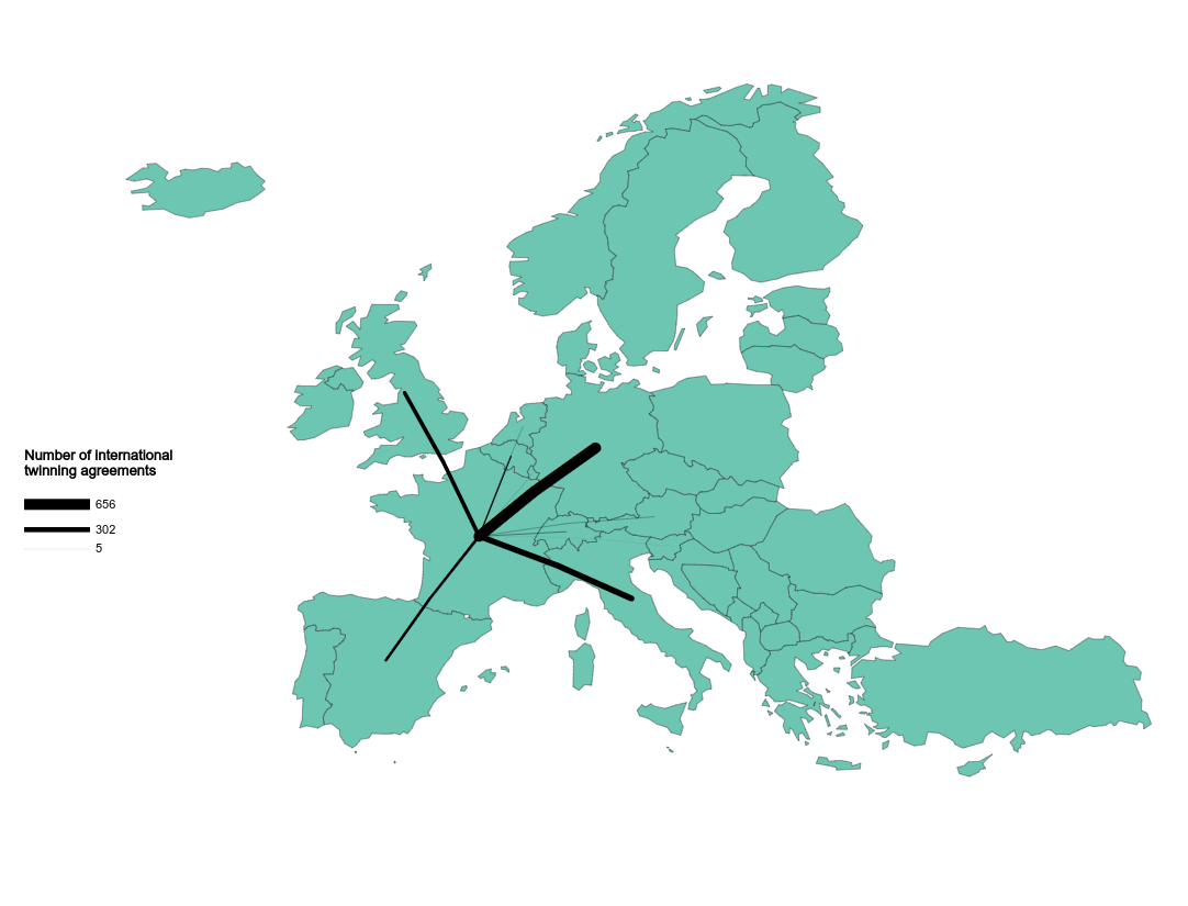 Example of a map, after selecting the origin 'France' and distance less than 1015 km