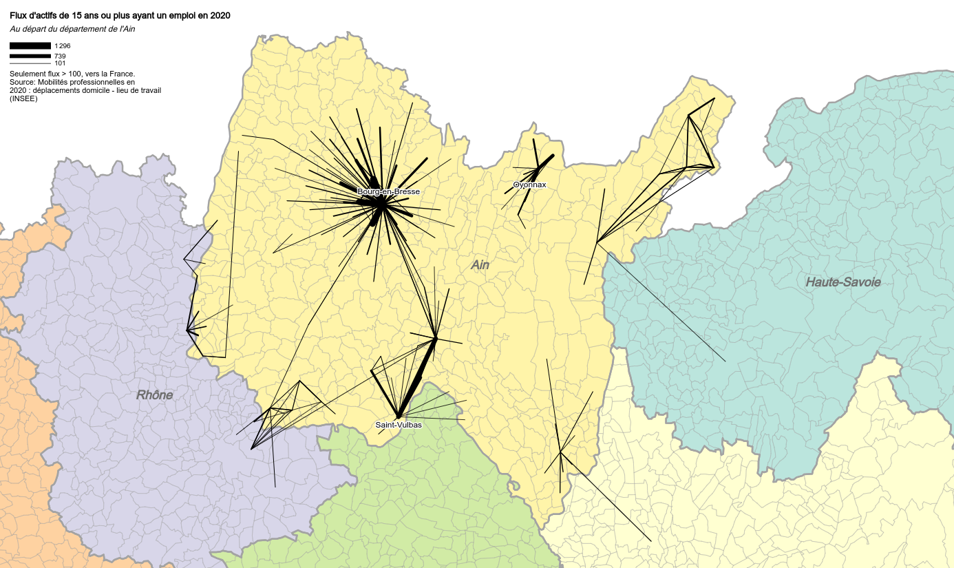 Exemple de carte, mobilité professionnelle au départ de l'Ain
