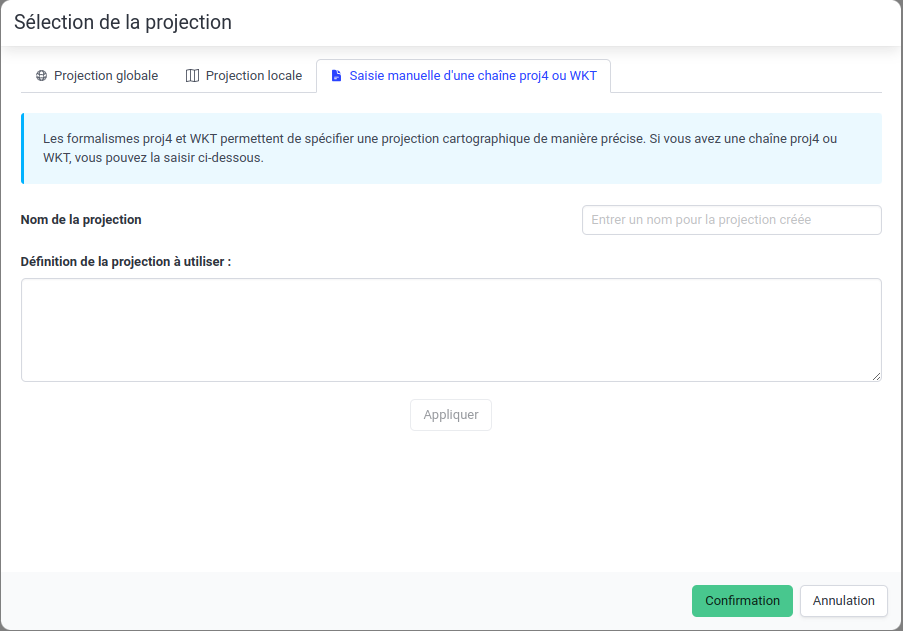 Création d'une projection à partir d'une chaîne de caractères Proj4 ou WKT1