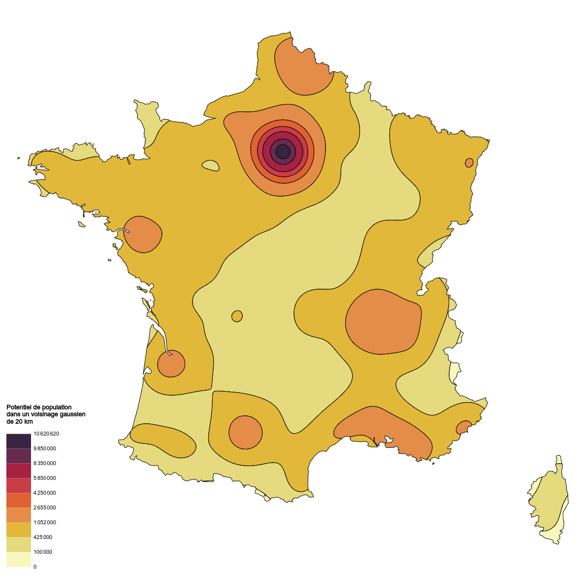 Potentiel de population dans un voisinage gaussien de 20 km (méthode de Stewart - données de population des communes françaises)