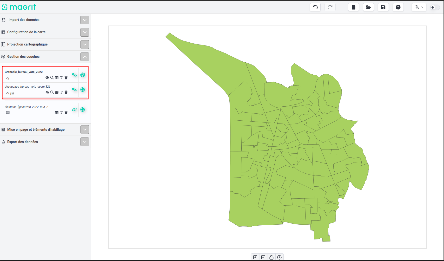 Vue de l'interface après création de la nouvelle couche et désactivation de la couche historique