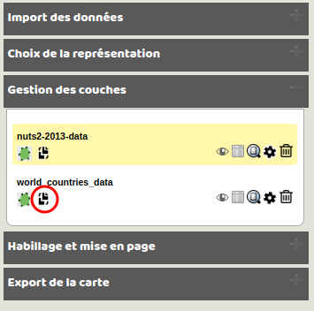 Menu de gestion des couches et bouton de promotion d'un couche d'habillage